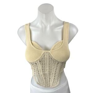 Commense Cream Sleeveless Crochet Rib Knit Cami Corset Bustier Crop Tank Top S